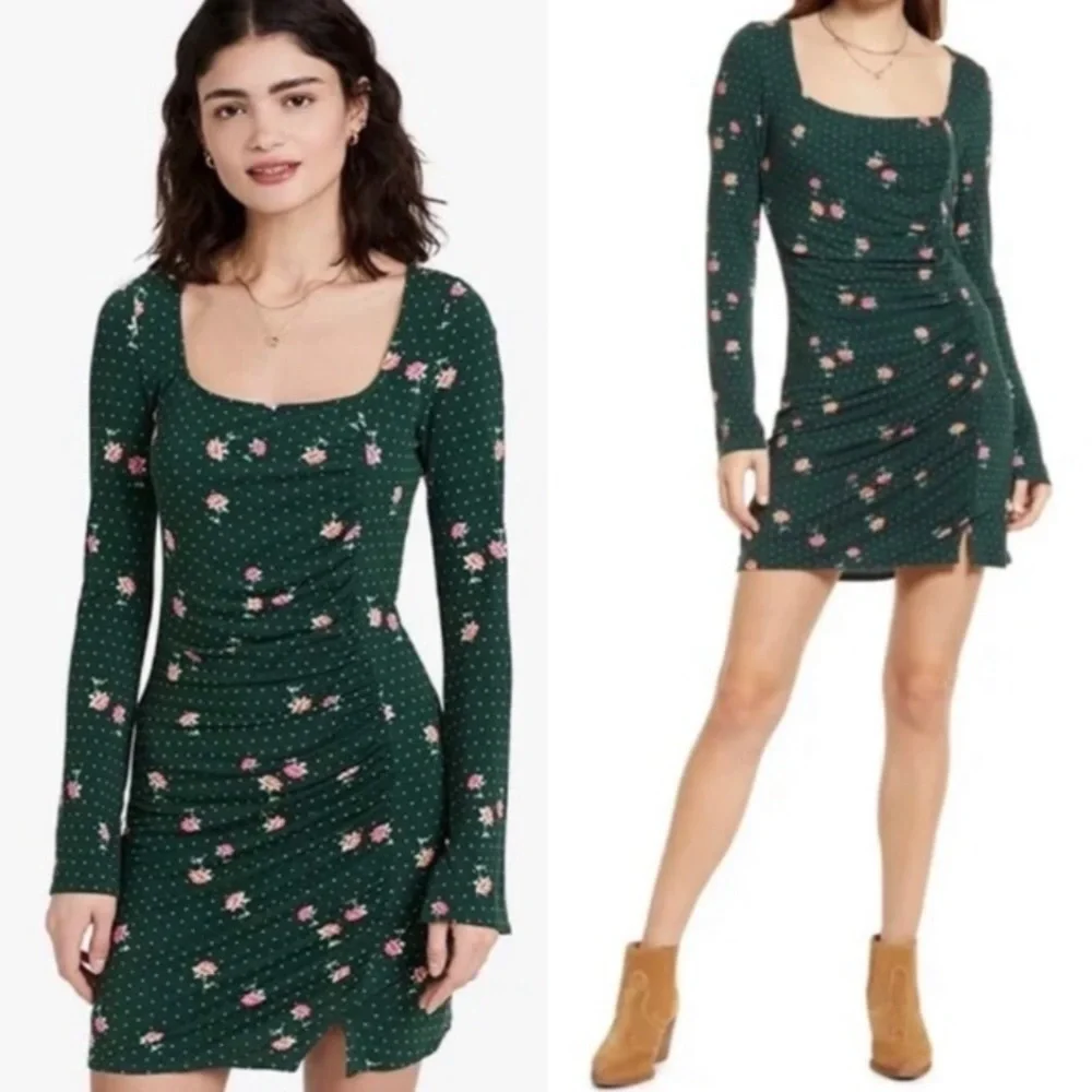 NWT! Free People Green Emerald Celia Floral Square Neck Long Sleeve Dress ♥️